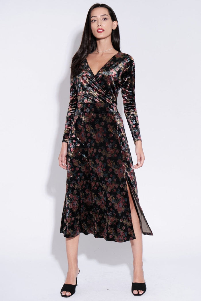 Louche Lesley Black Velvet Rose Bowl Print Wrap Midi Dress - Dotique