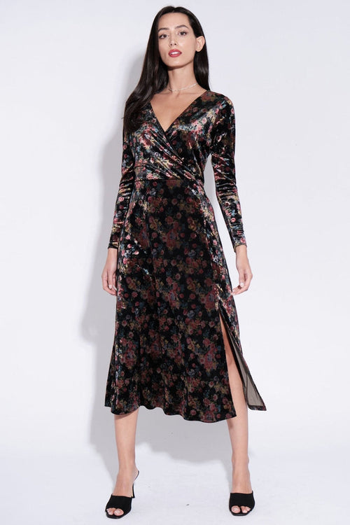 Louche Lesley Black Velvet Rose Bowl Print Wrap Midi Dress - Dotique