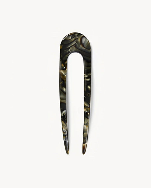 Off-model view of the midnight horn Machete French Hair Pin.