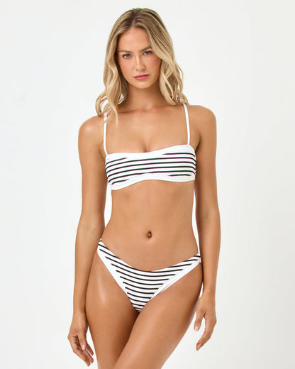 Front view of a model wearing the LSPACE sail along stripe Madison Bikini Top and Alex Bikini Bottom.