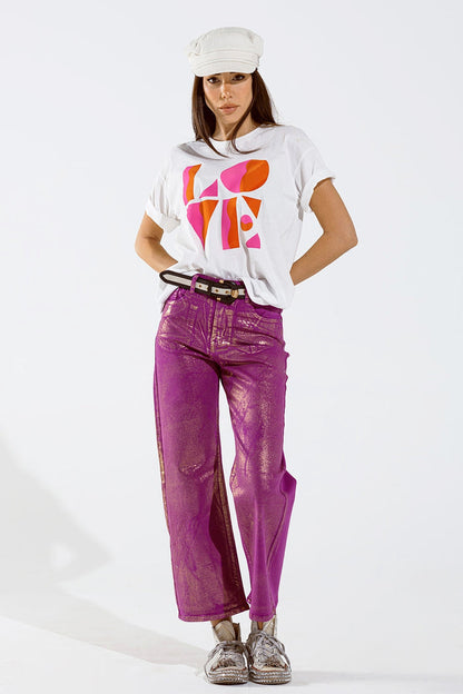 Magenta Wide Leg Jeans With Metallic Finish In Gold - Coloured Jeans