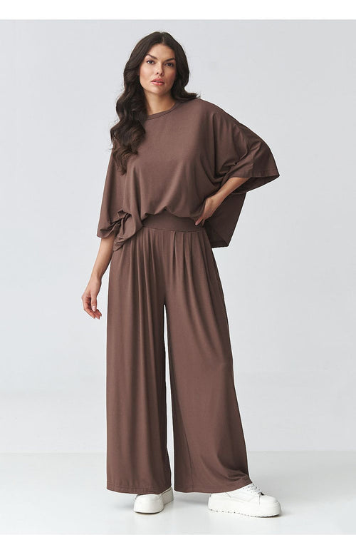 Makadamia Loose-Fitting Blouse and Wide-Leg Pants Set brown - Outfit Sets