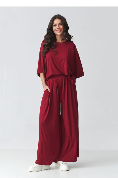 Makadamia Loose-Fitting Blouse and Wide-Leg Pants Set red - Outfit Sets