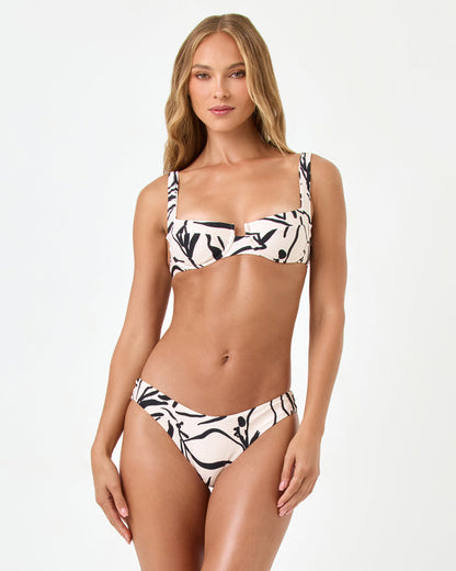 LSPACE Mako bikini top in heavy petal print, front view on model.