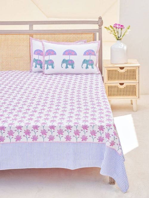 Magenta, Turquoise & Blue Hand Block Cotton Bedsheet & Pillow Covers
