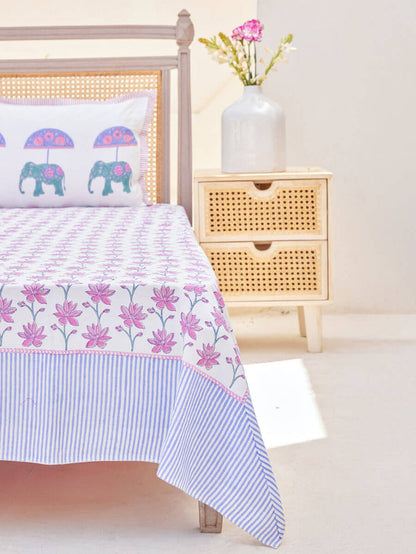 Magenta, Turquoise & Blue Hand Block Cotton Bedsheet & Pillow Covers