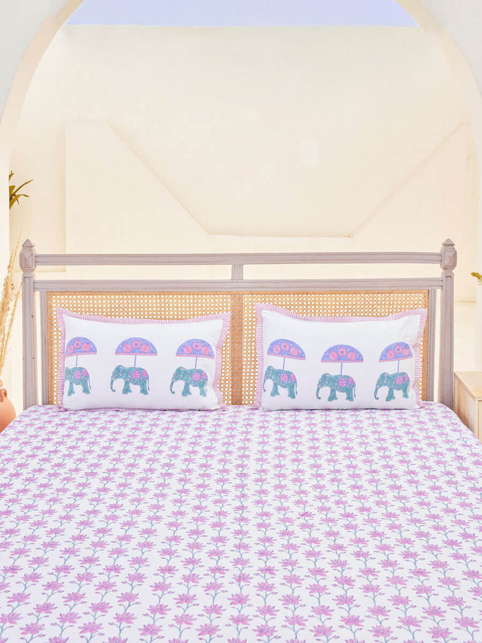 Magenta, Turquoise & Blue Hand Block Cotton Bedsheet & Pillow Covers