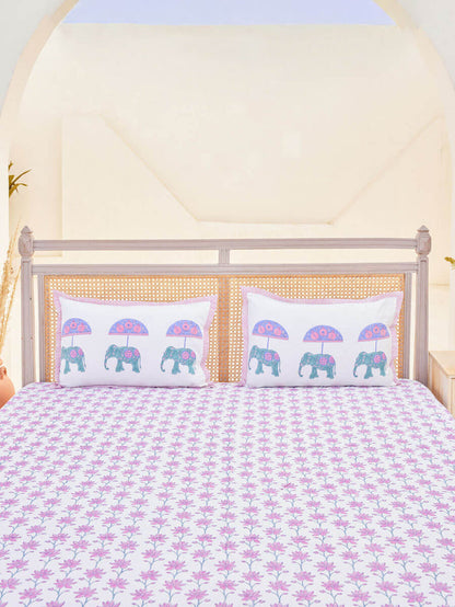 Magenta, Turquoise & Blue Hand Block Cotton Bedsheet & Pillow Covers