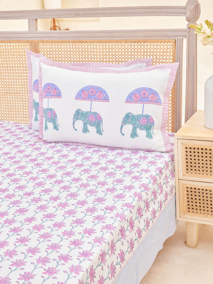 Magenta, Turquoise & Blue Hand Block Cotton Bedsheet & Pillow Covers