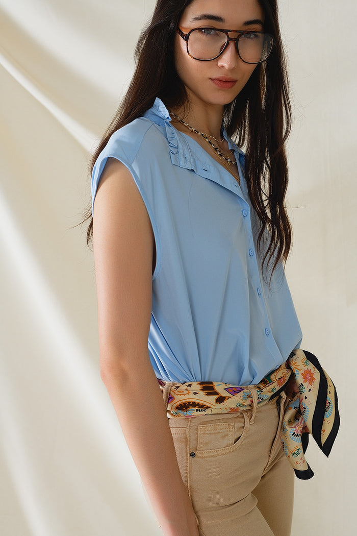 Mao Collar Sleeveless Blue Button up Blouse - Shirts