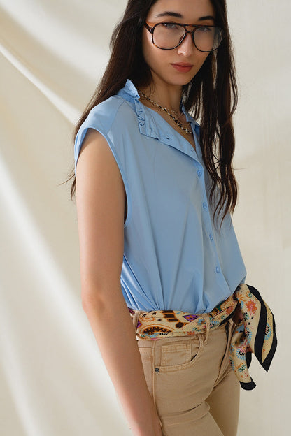 Mao Collar Sleeveless Blue Button up Blouse - Shirts