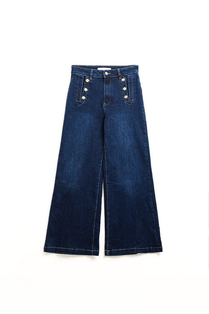Marine-style Wide Leg Jeans With Gold Buttons - Denim