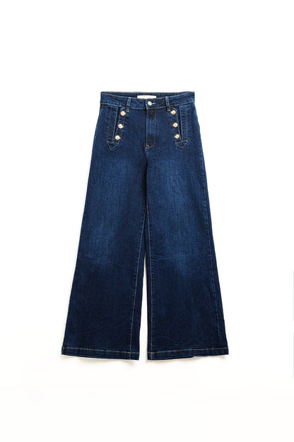 Marine-style Wide Leg Jeans With Gold Buttons - Denim