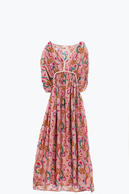 Maxi Dress In Pink With Braided Seams And Flower Print - dress