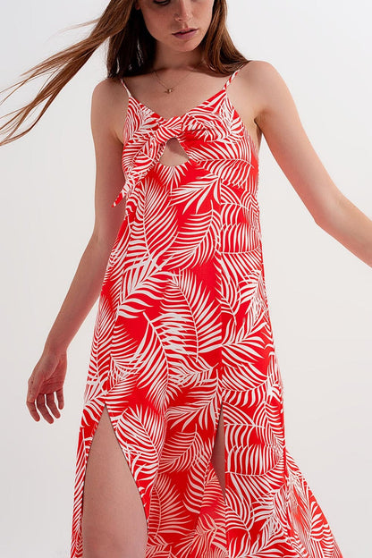 Maxi dress with splits in red leaves print - dress