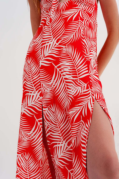Maxi dress with splits in red leaves print - dress
