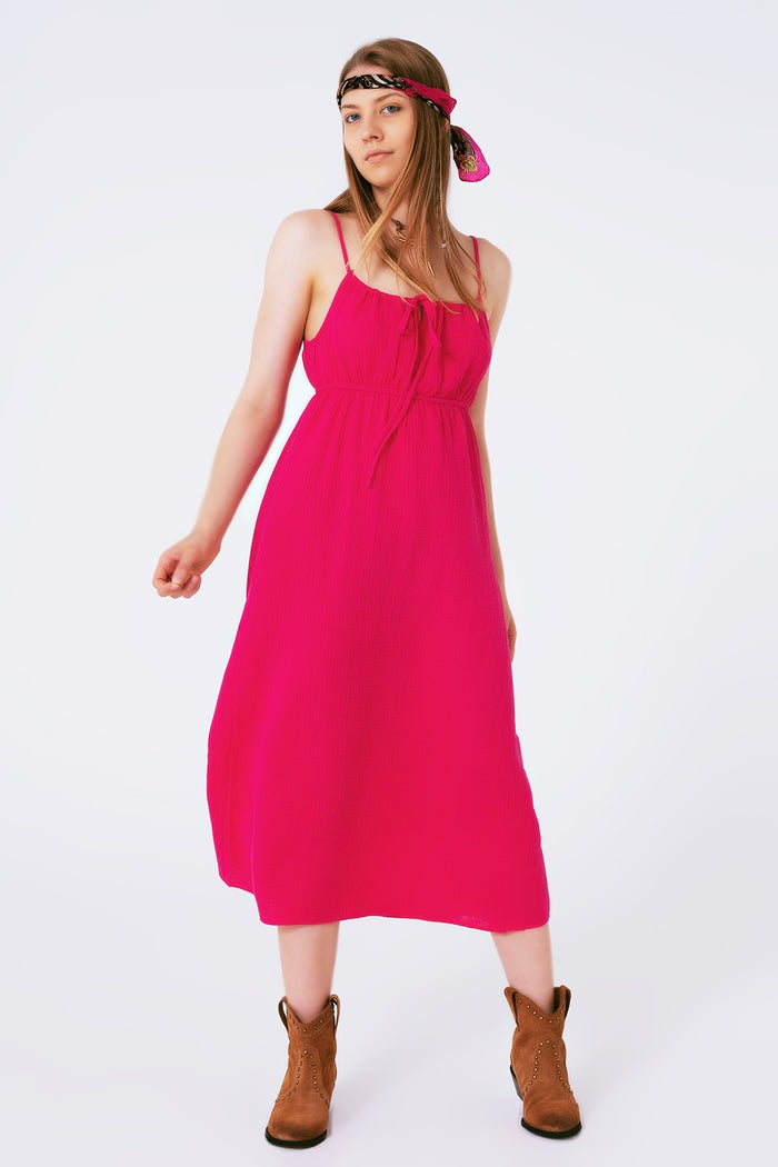 maxi fuchsia summer dress with straps and gathered waist - dress