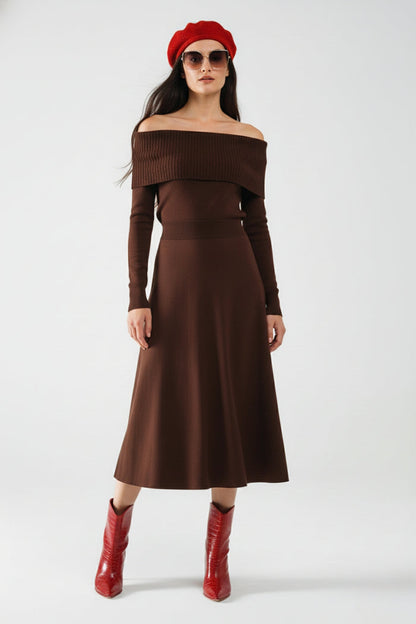 Maxi Knitted wide Bardot Dress in brown - dress, Dresses