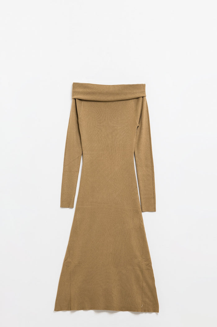 Maxi Knitted wide Bardot Dress in camel - dress, Dresses