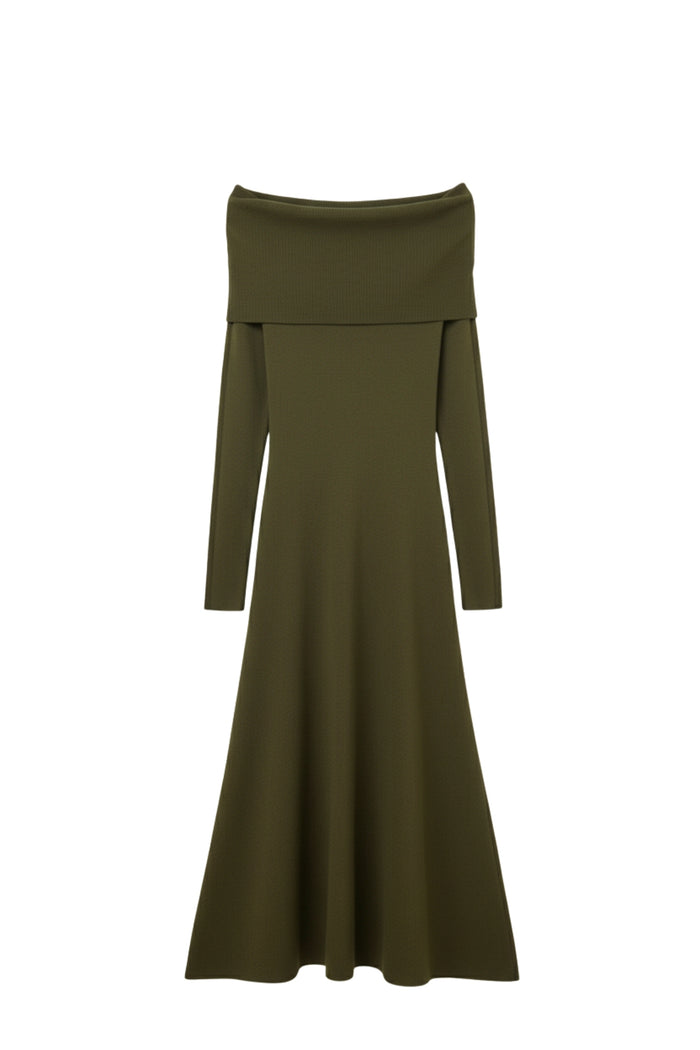 Maxi Knitted wide Bardot Dress in khaki - dress, Dresses