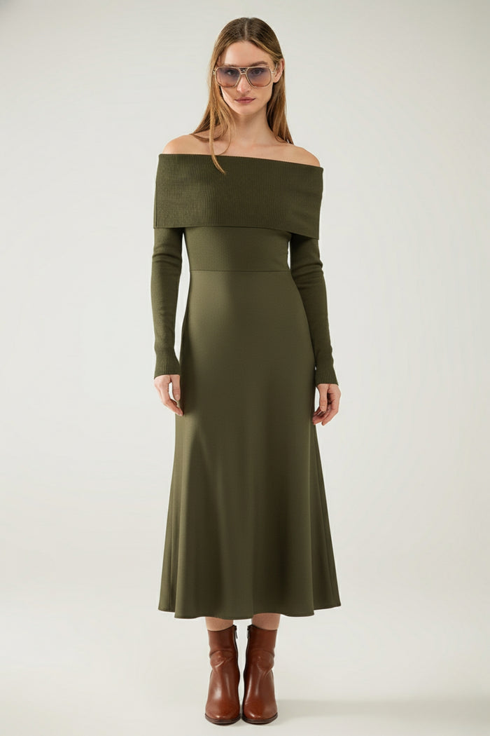 Maxi Knitted wide Bardot Dress in khaki - dress, Dresses