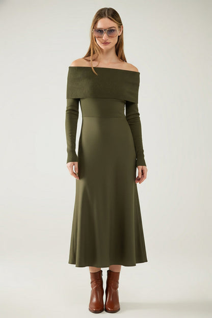 Maxi Knitted wide Bardot Dress in khaki - dress, Dresses