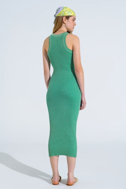 Maxi Sleeveless Halter Bodycon Ribbed Dress in Green - dress