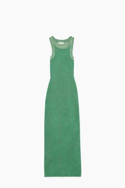 Maxi Sleeveless Halter Bodycon Ribbed Dress in Green - dress
