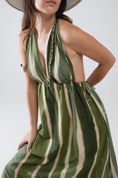 Maxi V-Neck Halter Dress With Side Slits In Striped Tie-dye Green - dress
