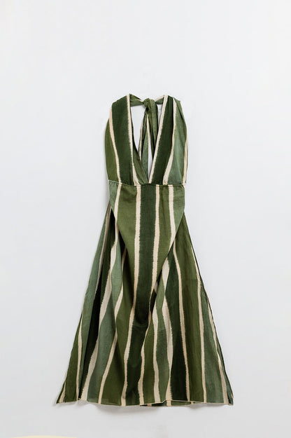 Maxi V-Neck Halter Dress With Side Slits In Striped Tie-dye Green - dress