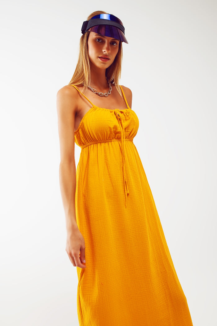 maxi yellow summer dress with straps and gathered waist - dress