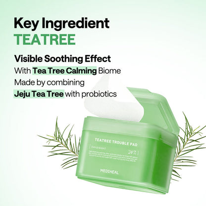 MEDIHEAL Teatree Trouble Pads 100 Pads key ingredients infographic