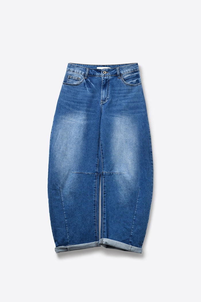 medium wash Barrel jeans with knee seam detail - Denim