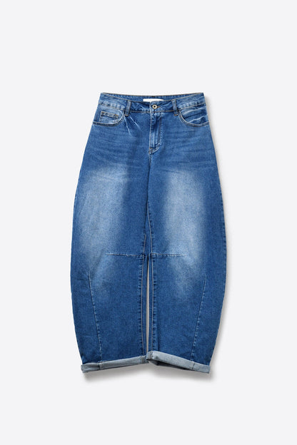 medium wash Barrel jeans with knee seam detail - Denim
