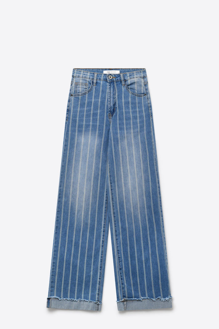 medium wash Blue Jeans with Stripe Design and Frayed Wide Leg - Denim