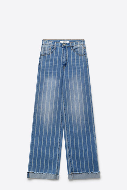 medium wash Blue Jeans with Stripe Design and Frayed Wide Leg - Denim