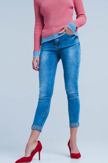 Medium wash skinny jeans with leopard print - Denim