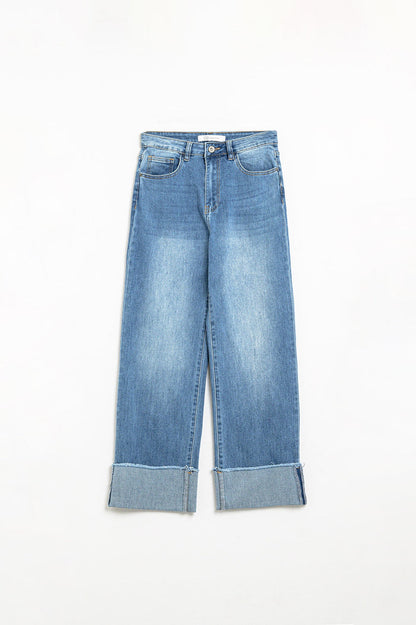medium wash straight fit on cuffed hem jeans - Denim
