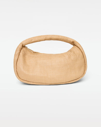 Off-model front view of the Mendoza Bag in natural, a structured woven raffia crescent hobo bag with a short curved top handle and zipper closure, on a white background.
