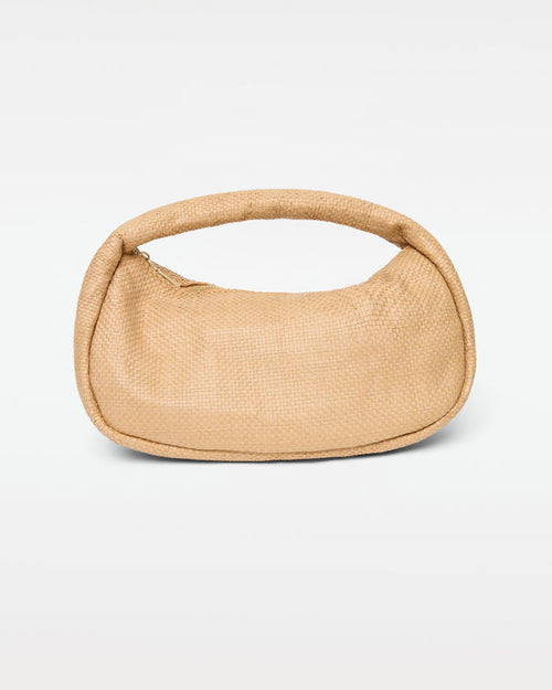 Off-model front view of the Mendoza Bag in natural, a structured woven raffia crescent hobo bag with a short curved top handle and zipper closure, on a white background.
