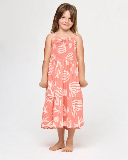 LSPACE Menorca dress in Shell Or High Water print, front view on model.
