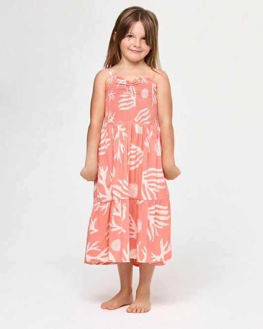 LSPACE Menorca dress in Shell Or High Water print, front view on model.
