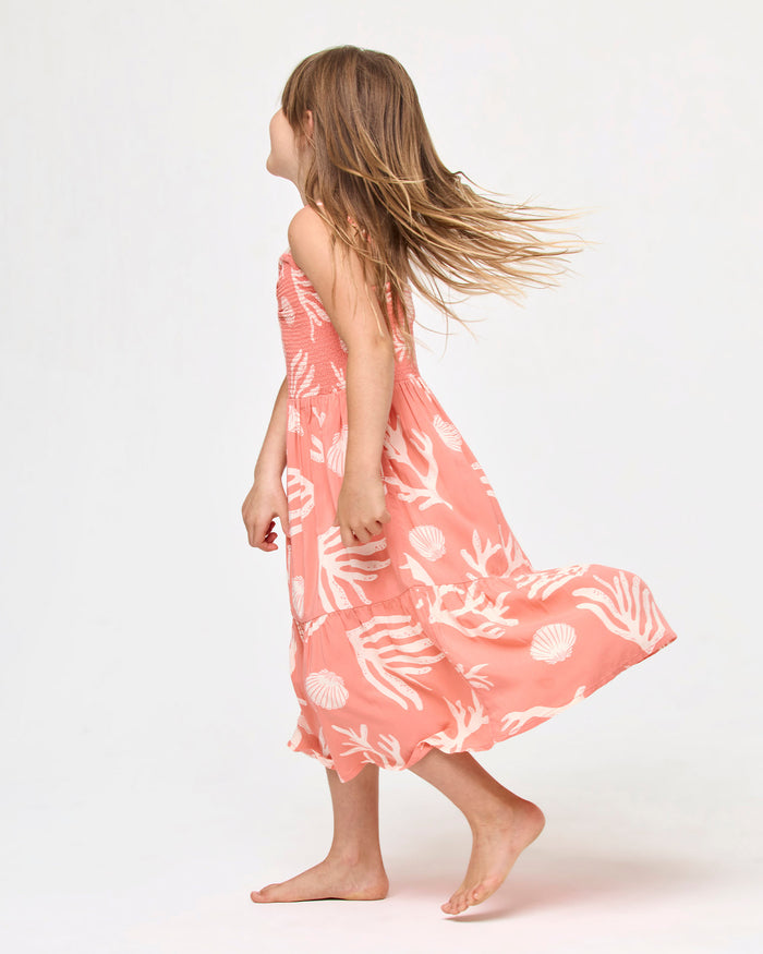 LSPACE Menorca dress in Shell Or High Water print, side view on model.