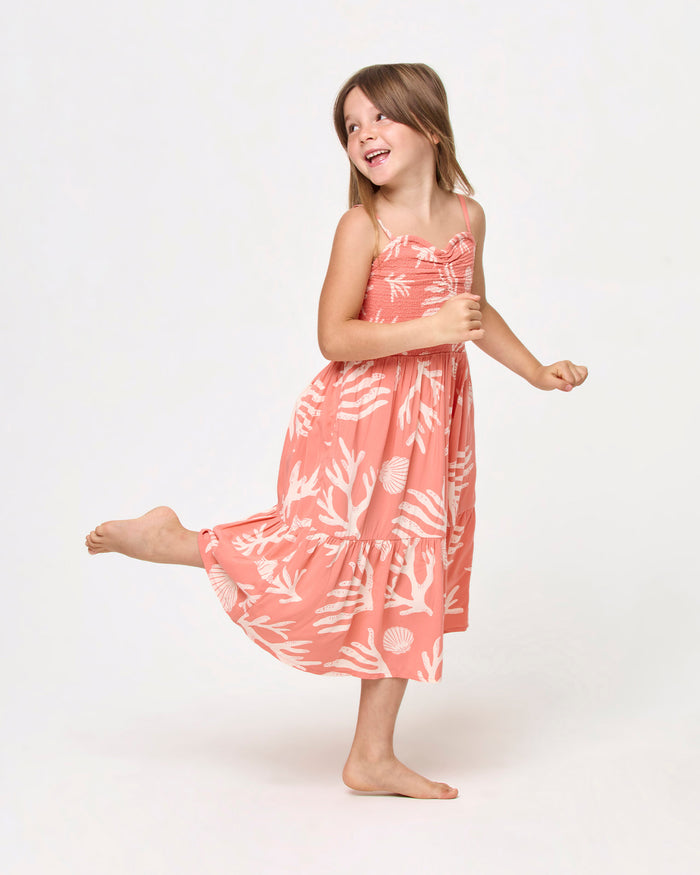 LSPACE Menorca dress in Shell Or High Water print, three-quarter view on model.