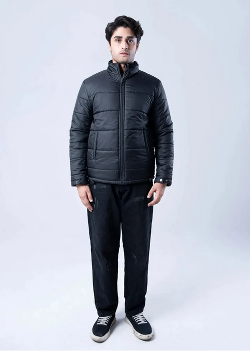 Men's black quilted bubble jacket with full-zip front and stand collar