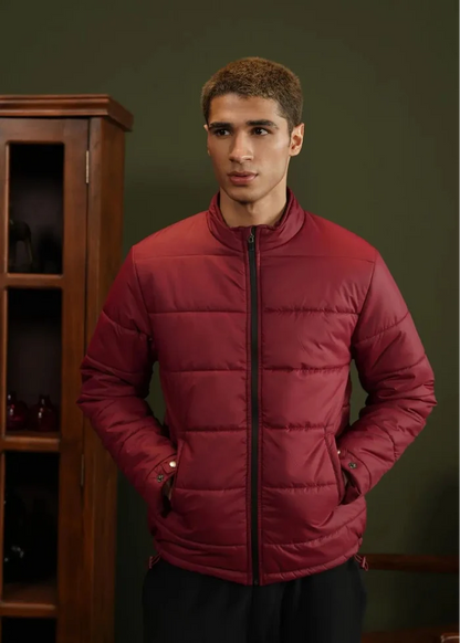 Burgundy quilted puffer jacket for men with full-zip, stand collar, and side pockets