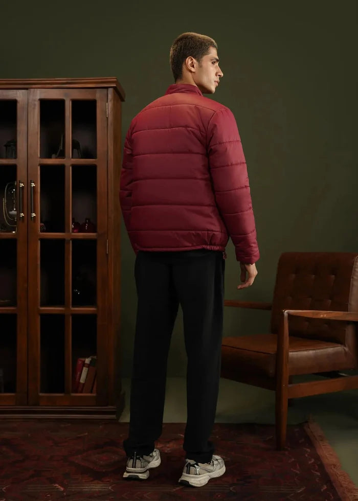 Burgundy bubble quilted jacket for men with padded back and full-zip high neck