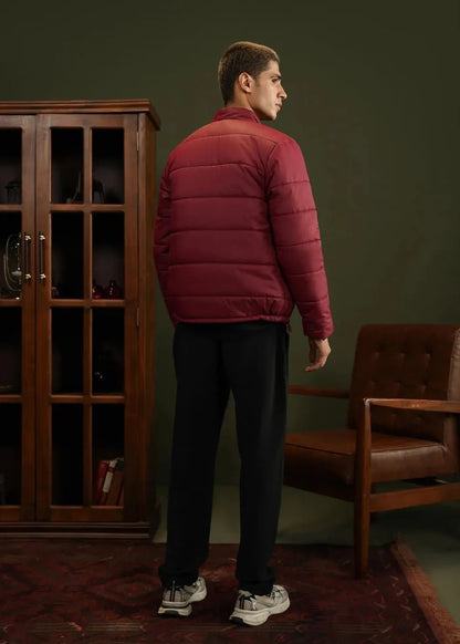 Burgundy bubble quilted jacket for men with padded back and full-zip high neck