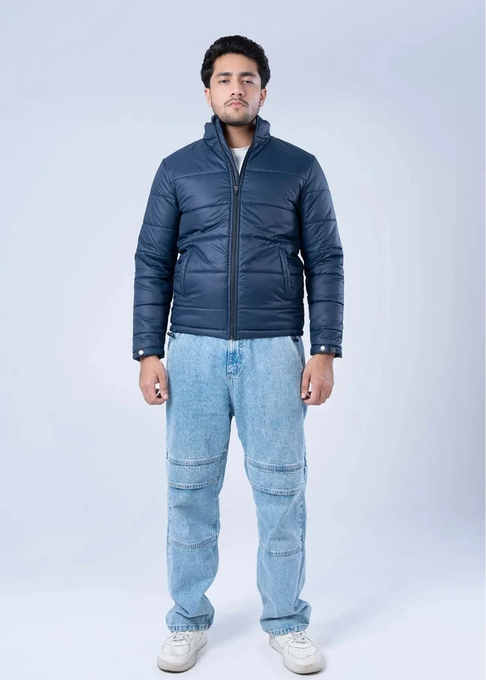 Men's navy quilted bubble jacket with full-zip front and stand collar