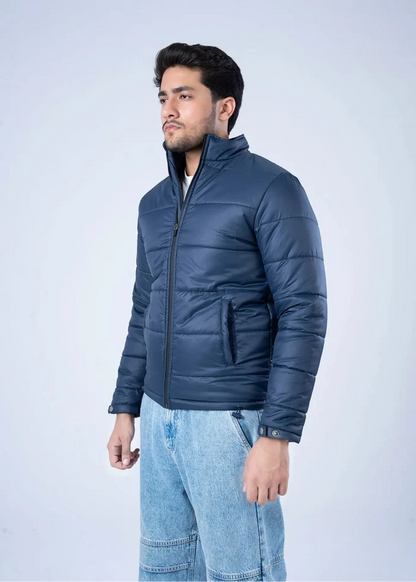Men's navy quilted bubble jacket with full-zip front and stand collar